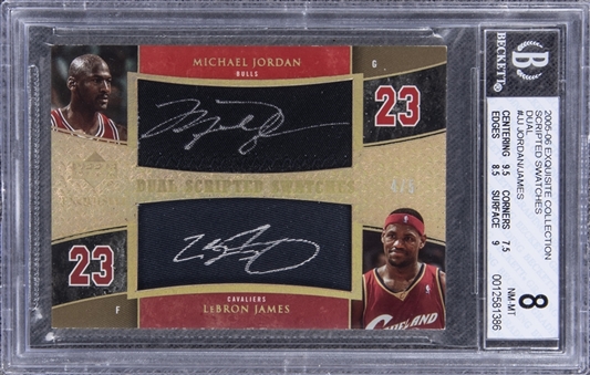 2005-06 UD "Exquisite Collection" Scripted Swatches Dual #JJ Michael Jordan/LeBron James Dual Signed Game Used Patch Card (#4/5) – BGS NM-MT 8/BGS 10